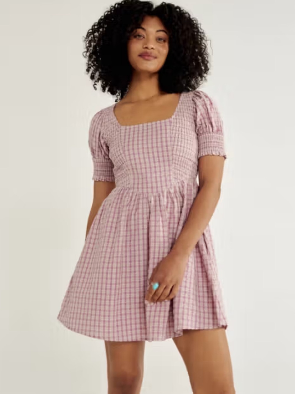 Tecovas Dress Womens Large Purple Gingham Smocked Puff Sleeve Square‎ Neck Mini